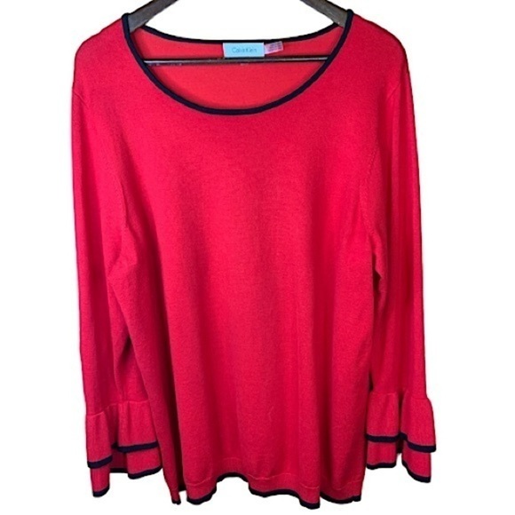 Calvin Klein Red Sweater Size 1X Round Neck Long Bell Sleeves Black Trim - Picture 1 of 8